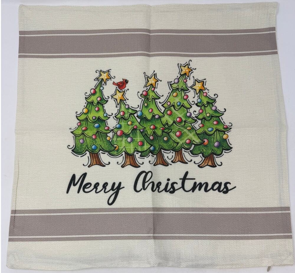 Christmas Trees Merry Christmas Green w/Ornaments Decorative Burlap Pillow Cover
